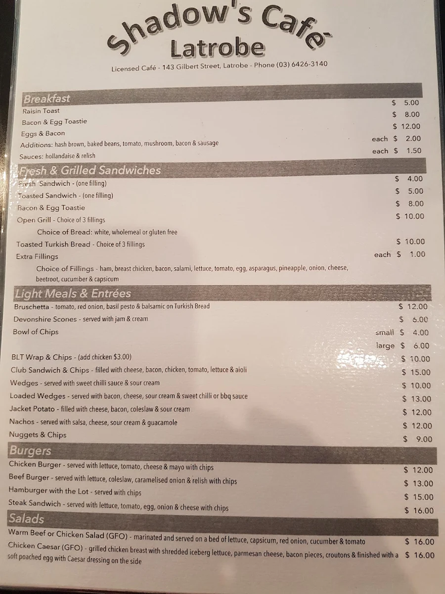 Menu, Shadows Cafe