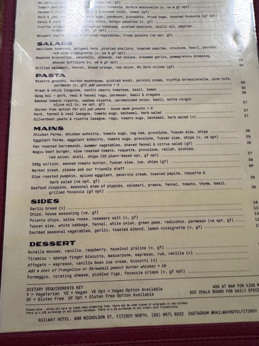 Menu, Railway Hotel Fitzroy North