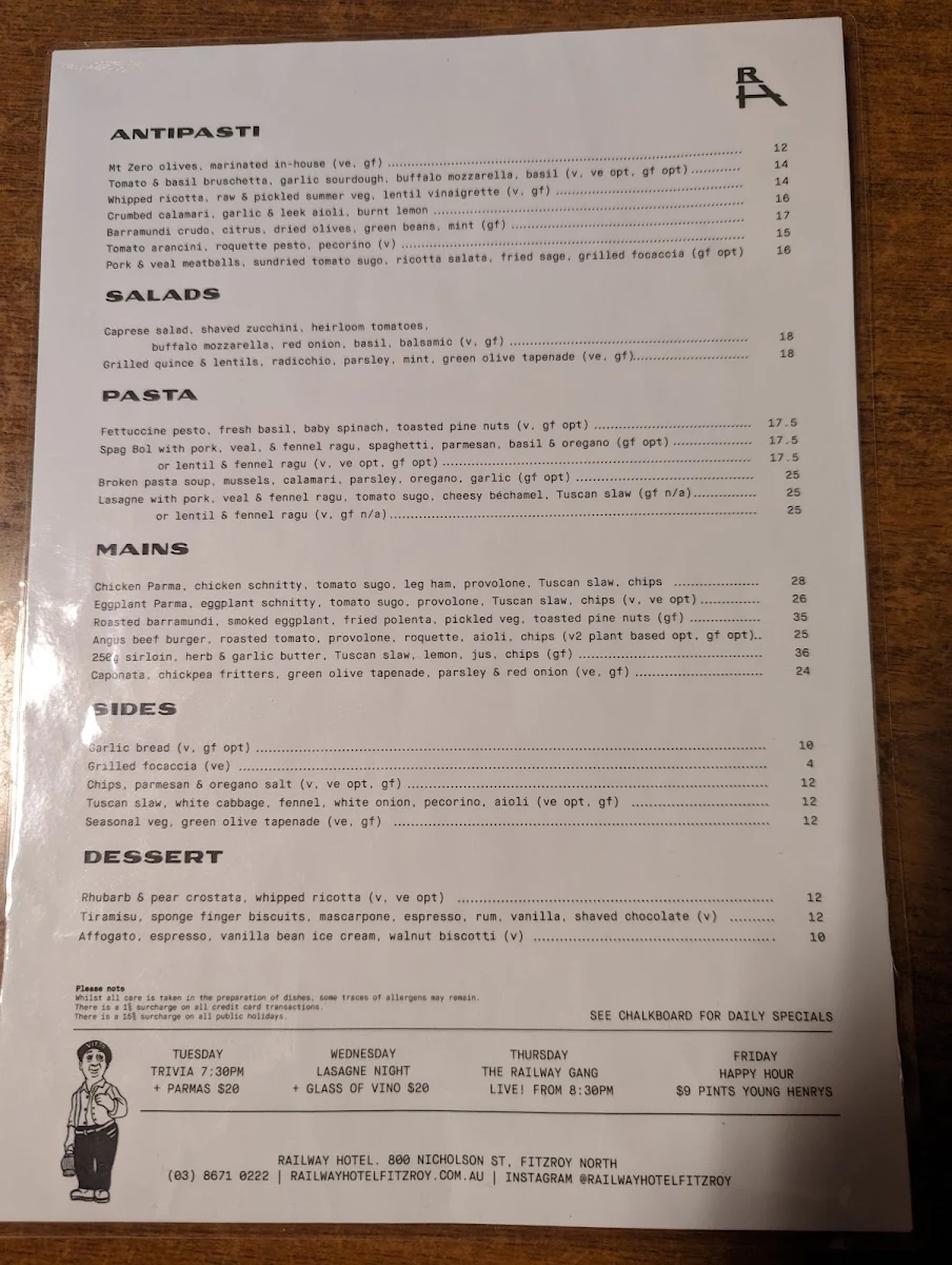 Menu, Railway Hotel Fitzroy North