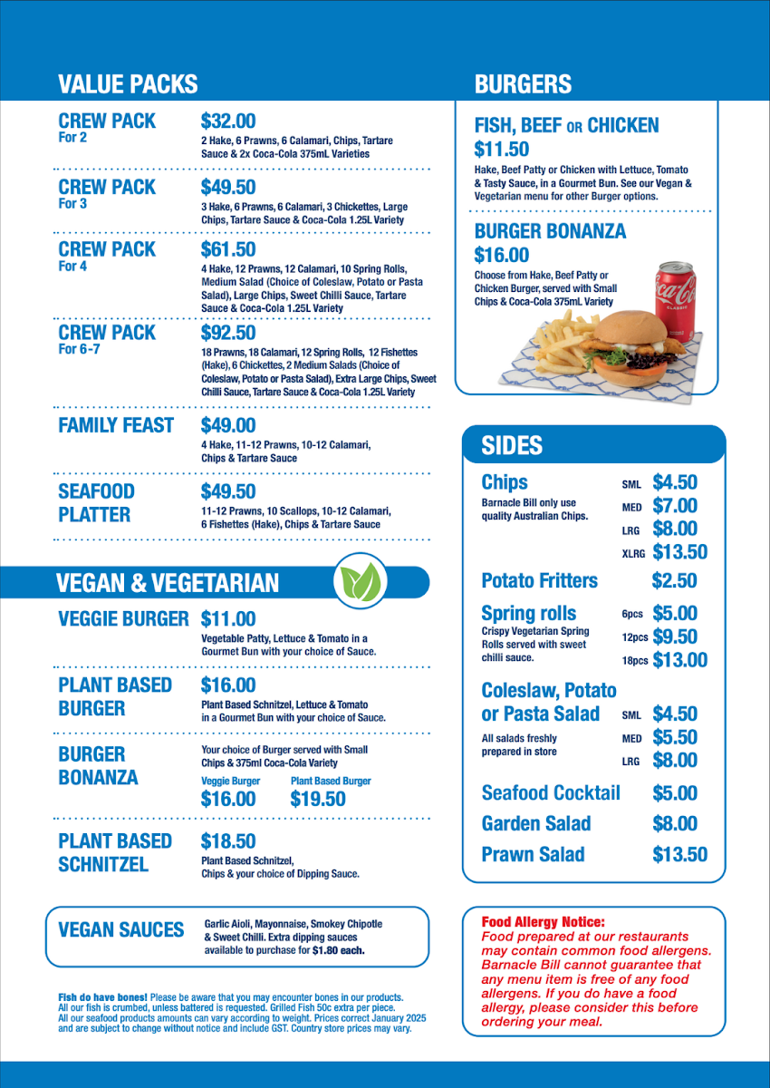Menu, Barnacle Bill Torrensville
