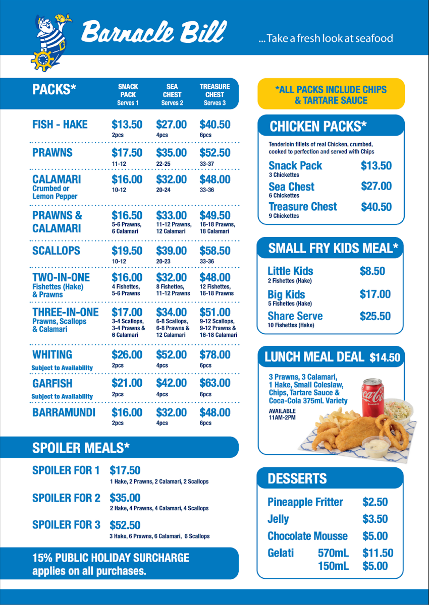 Menu, Barnacle Bill Torrensville