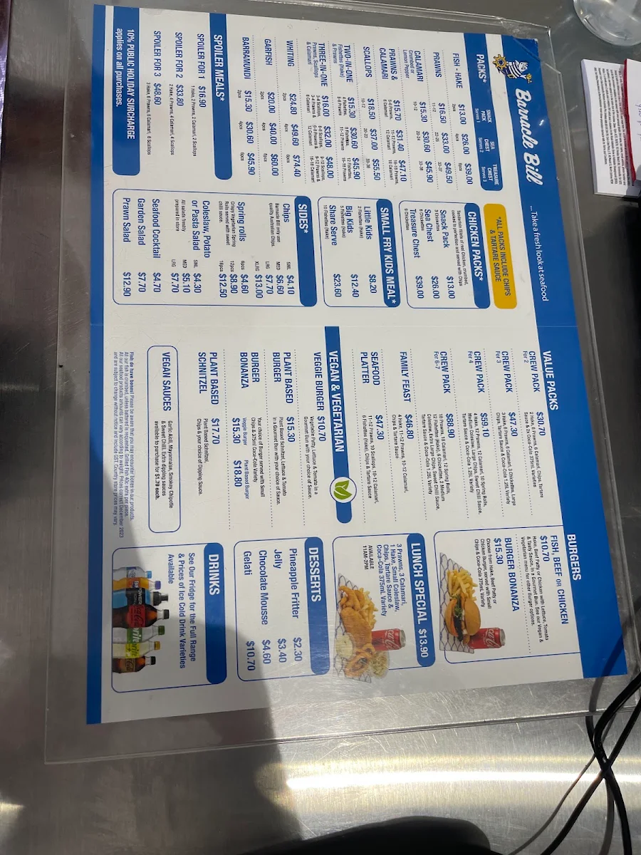 Menu, Barnacle Bill Torrensville