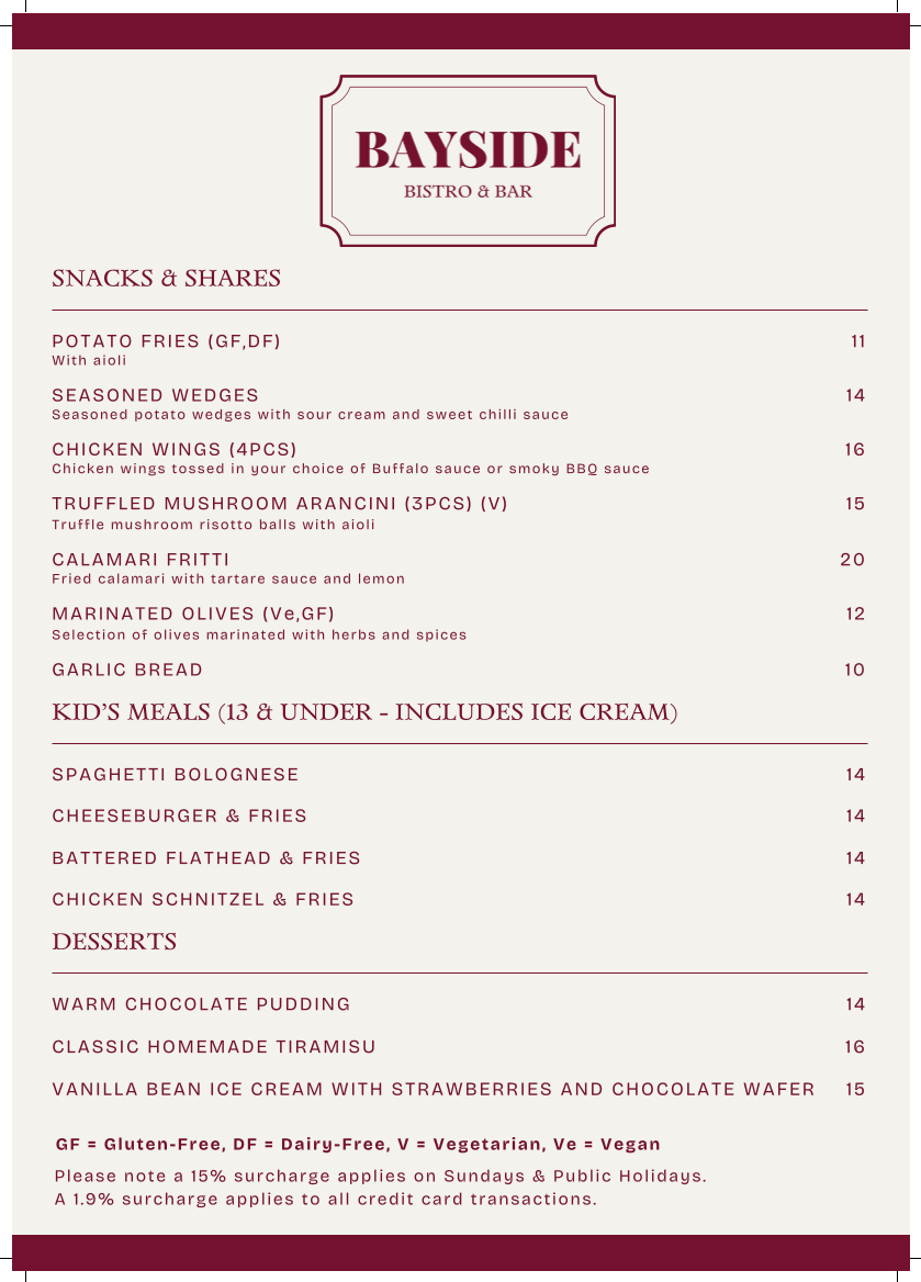 Menu, Bayside Bistro & Bar