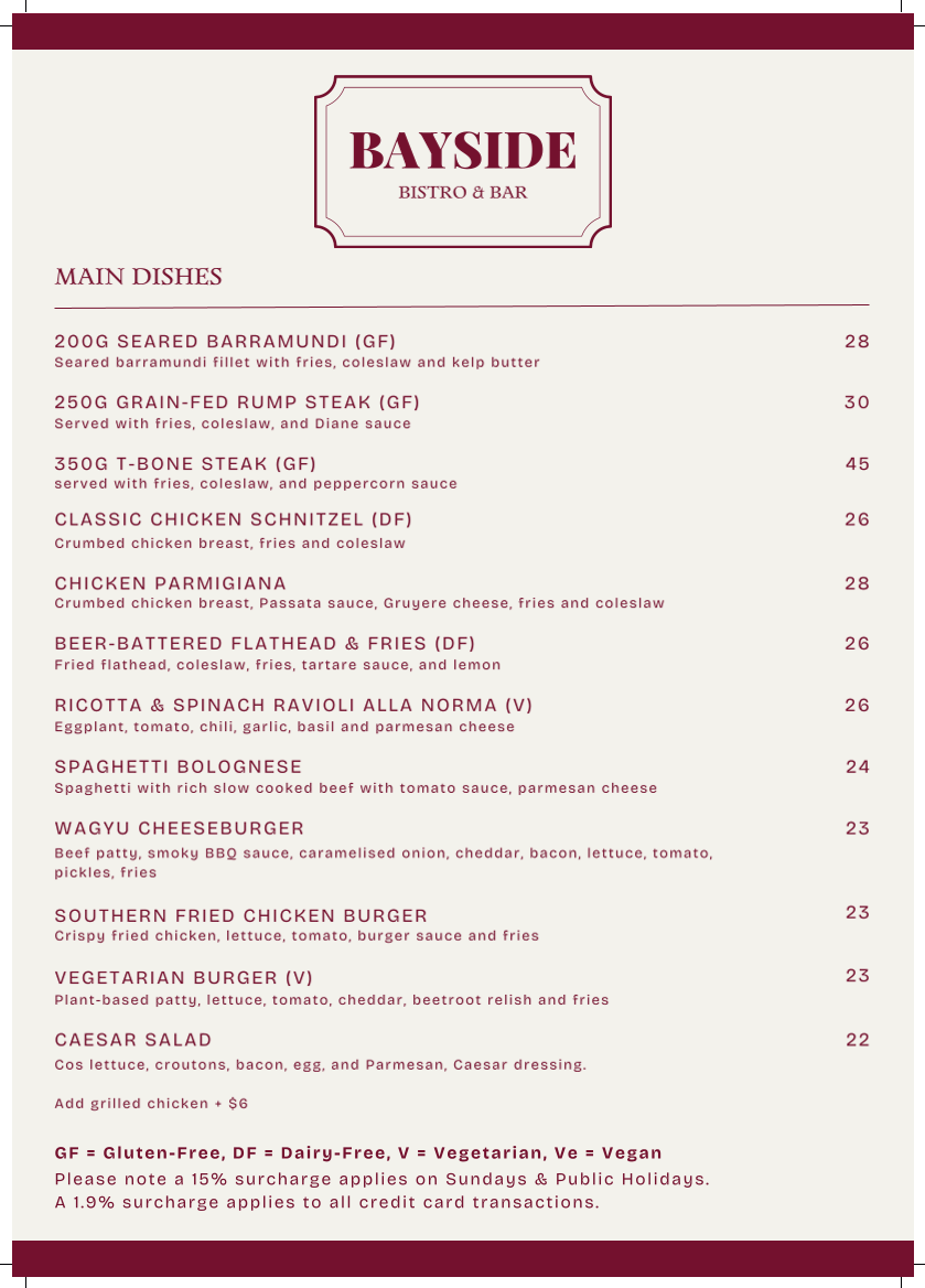 Menu, Bayside Bistro & Bar