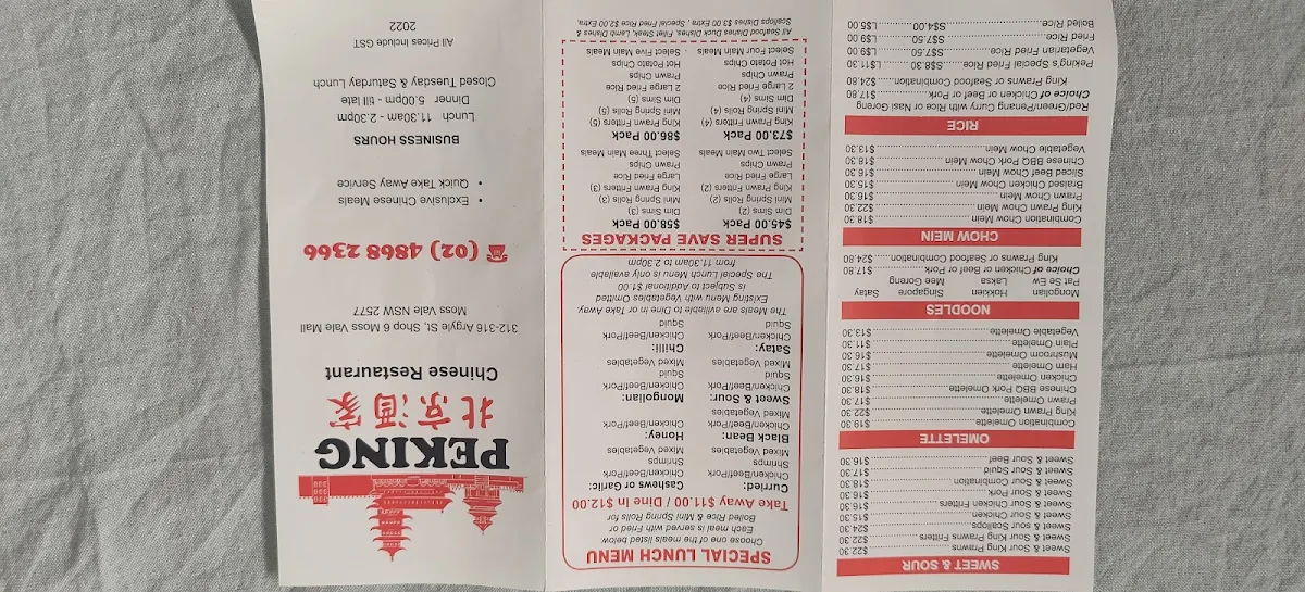 Menu, Peking Chinese Restaurant