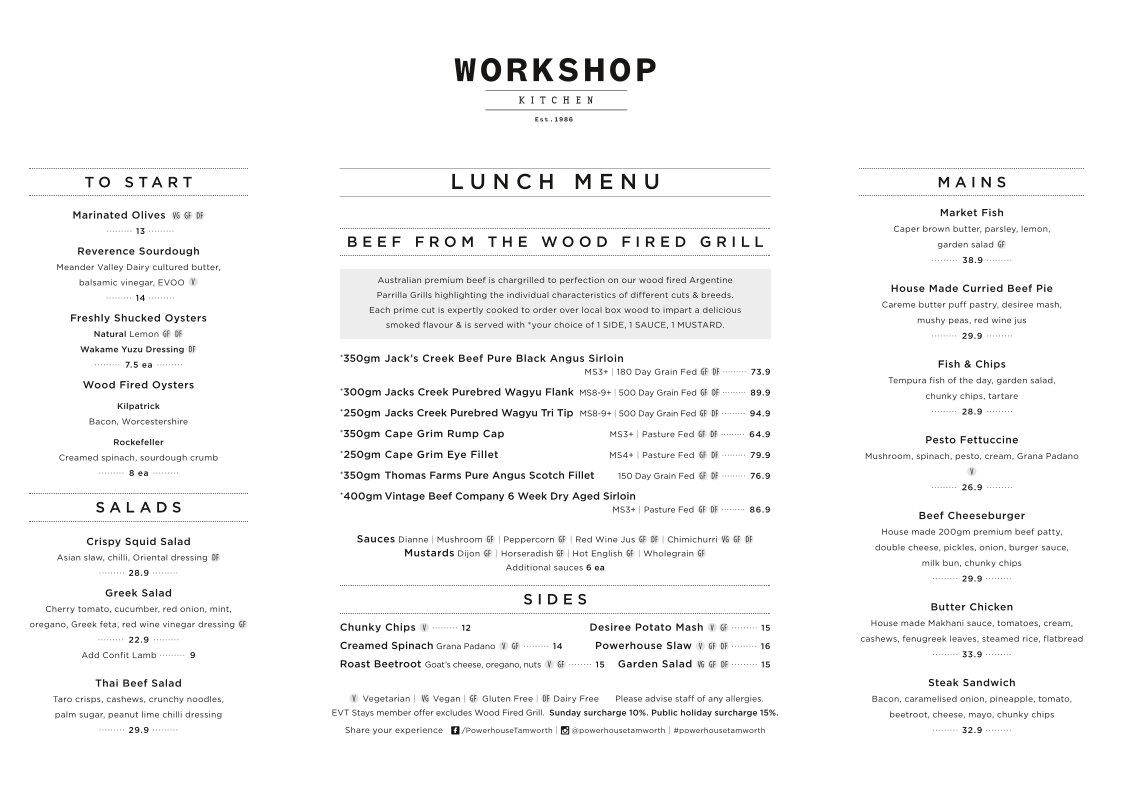 Menu, The Workshop Kitchen