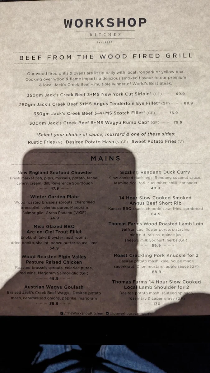Menu, The Workshop Kitchen