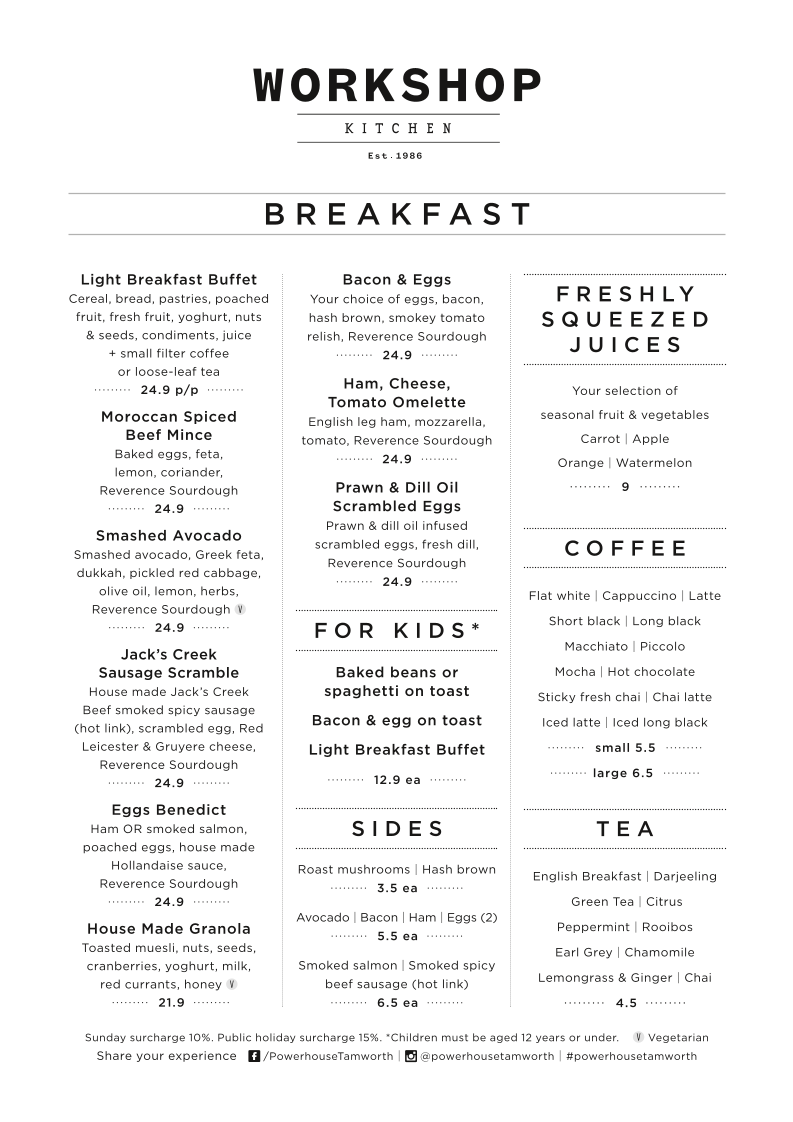 Menu, The Workshop Kitchen