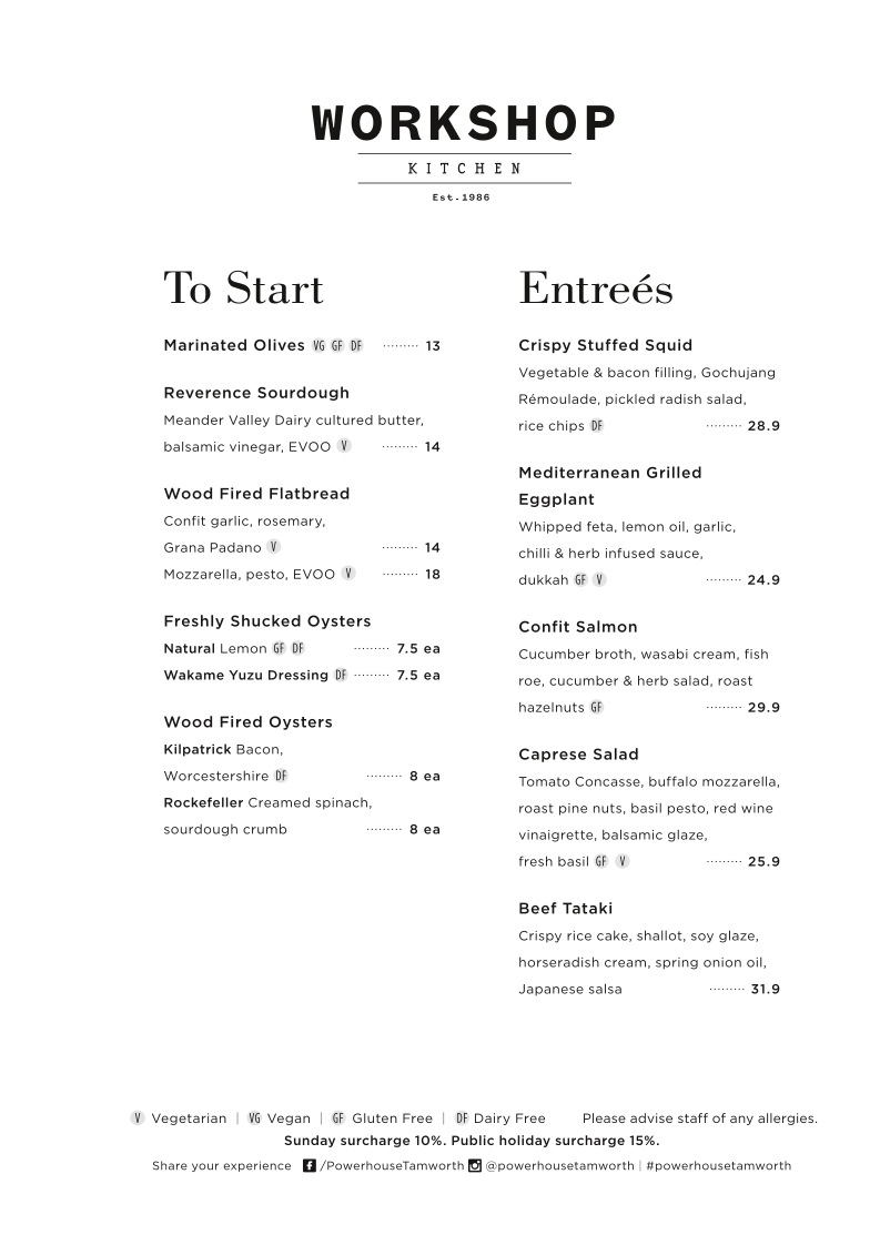 Menu, The Workshop Kitchen