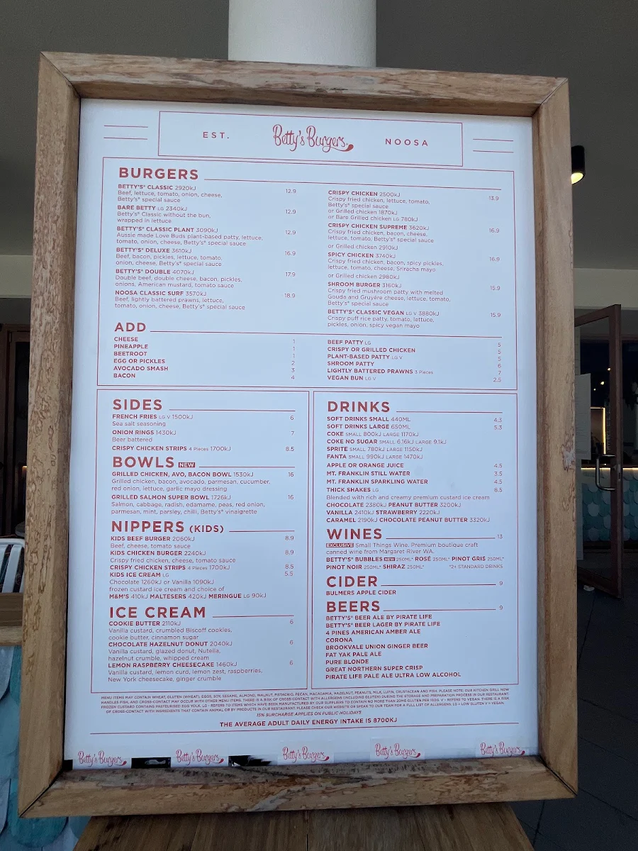 Menu, Betty's Burgers