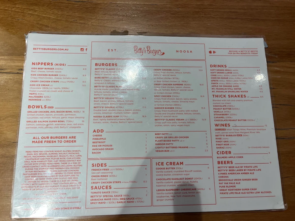 Menu, Betty's Burgers