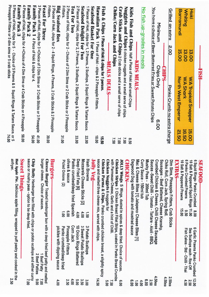 Menu, Kalamunda's Jolly Fryer