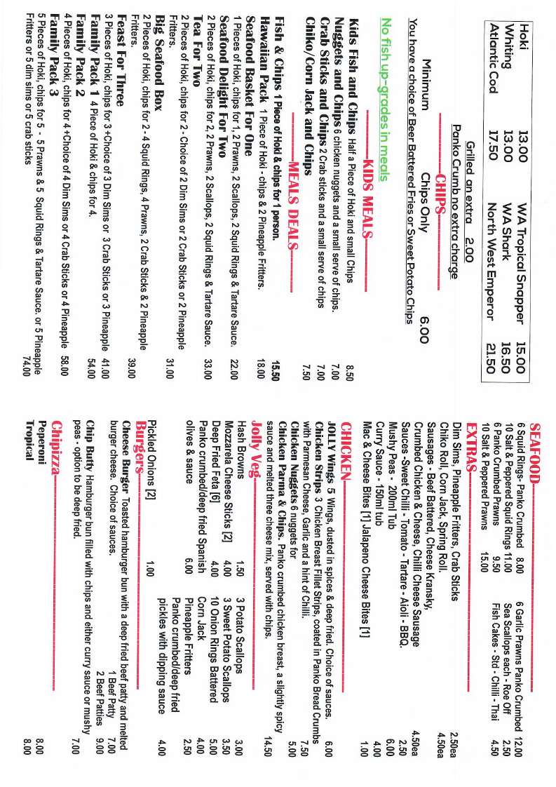 Menu, Kalamunda's Jolly Fryer