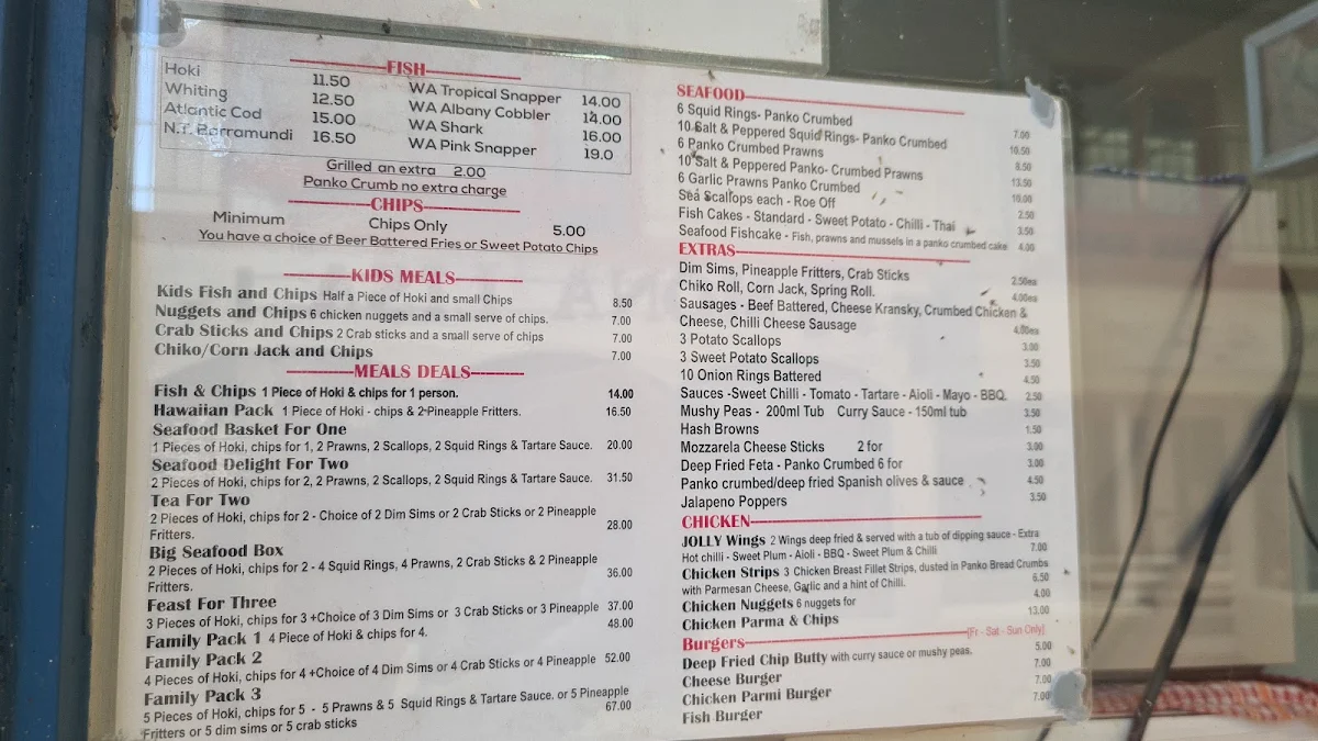Menu, Kalamunda's Jolly Fryer