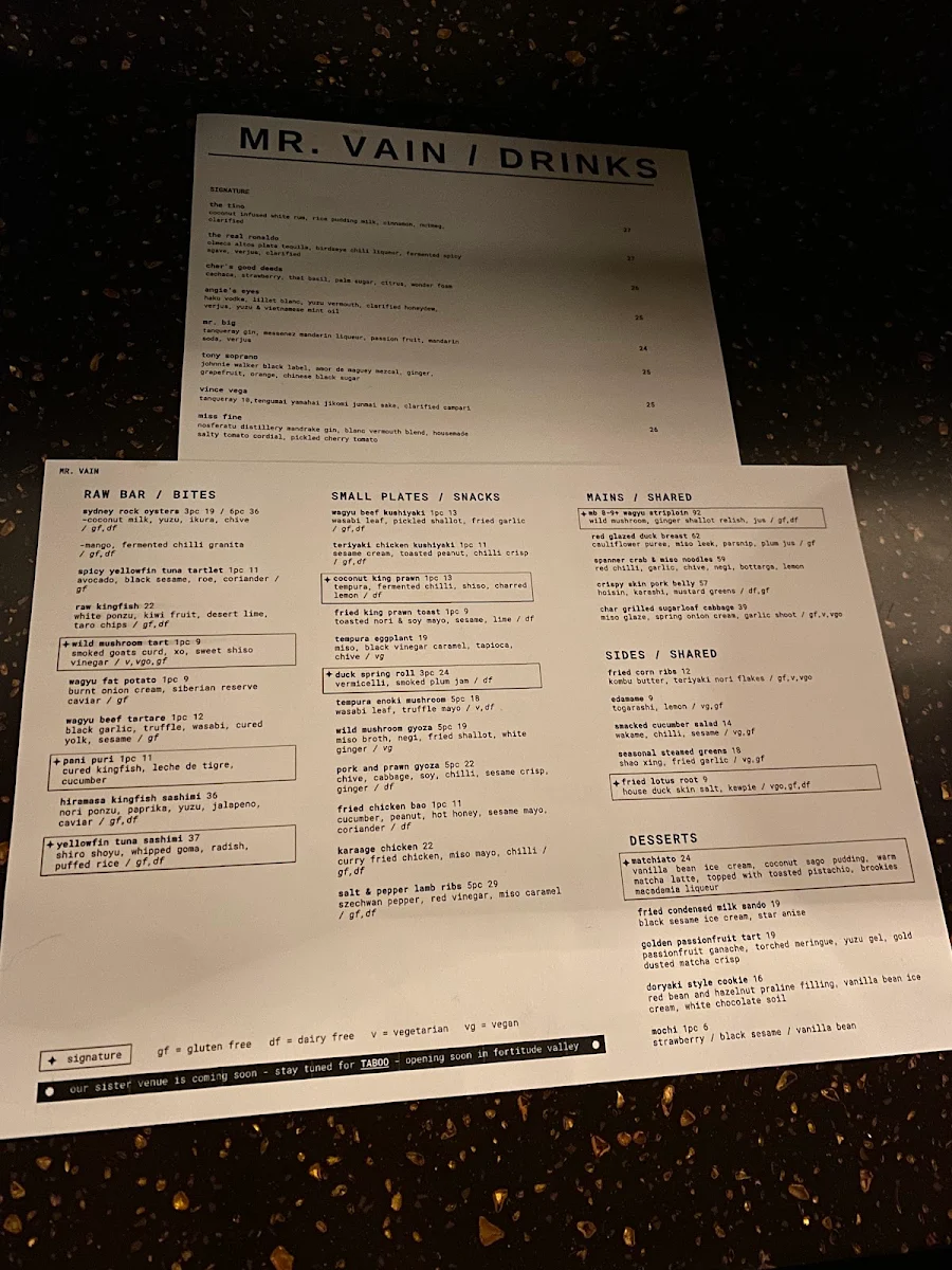 Menu, Mr. Vain Restaurant & Bar