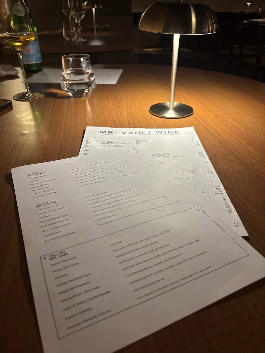 Menu, Mr. Vain Restaurant & Bar