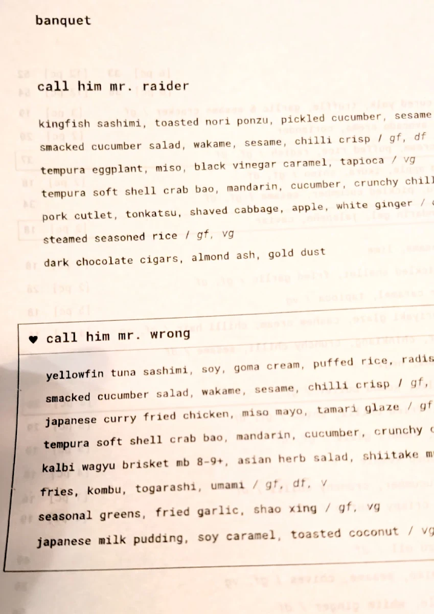 Menu, Mr. Vain Restaurant & Bar