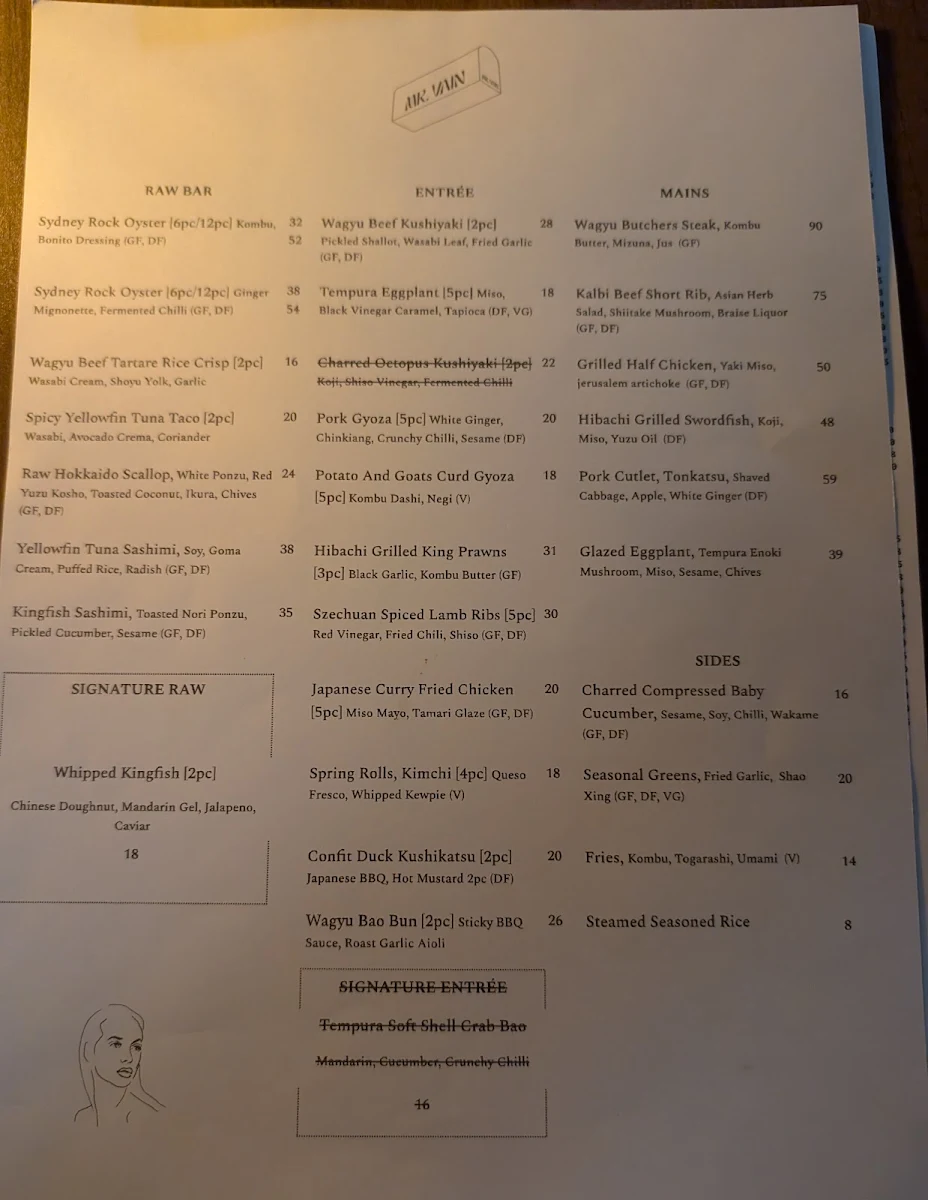Menu, Mr. Vain Restaurant & Bar