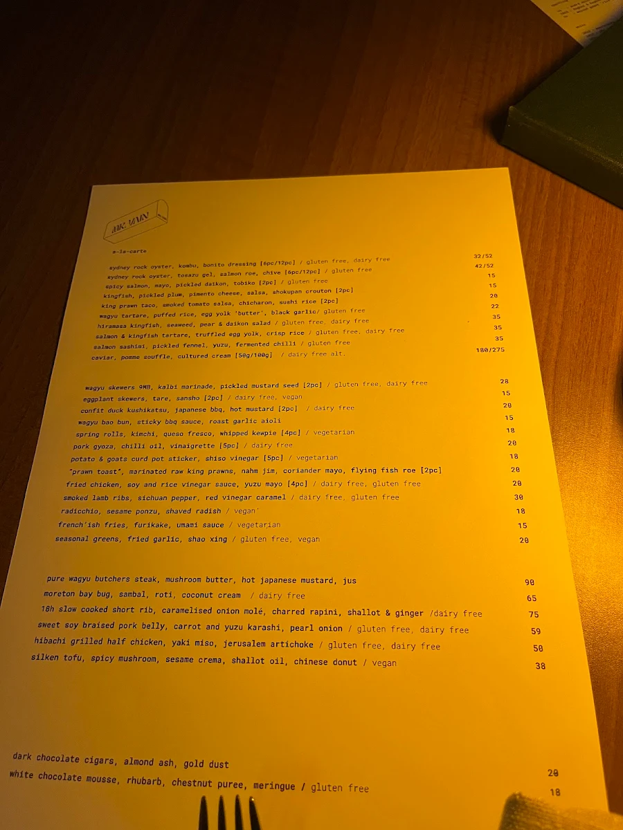 Menu, Mr. Vain Restaurant & Bar