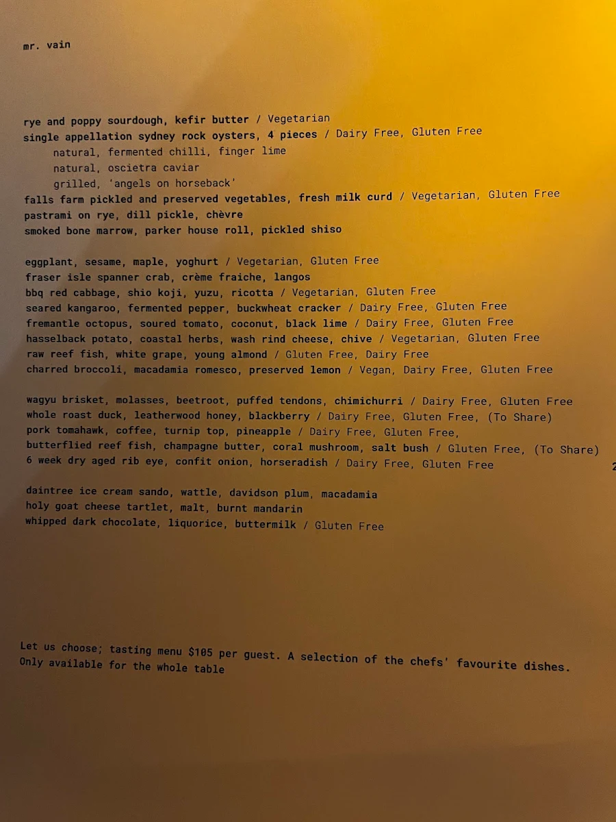 Menu, Mr. Vain Restaurant & Bar