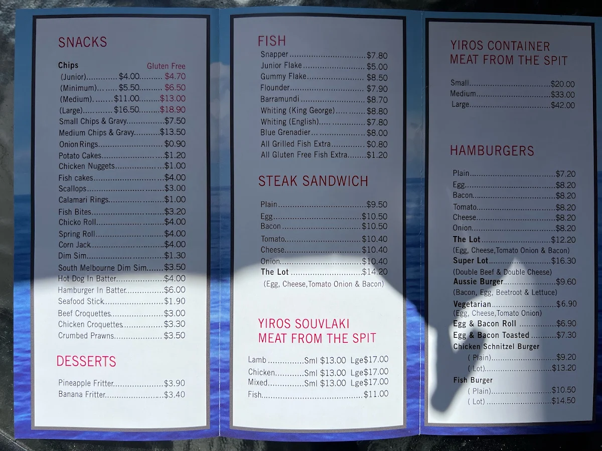 Menu, Off The Boat Fish & Chippery & Kebab