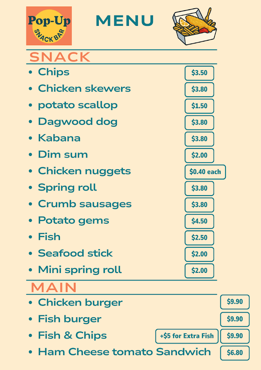 Menu, Pop Up Snack Bar