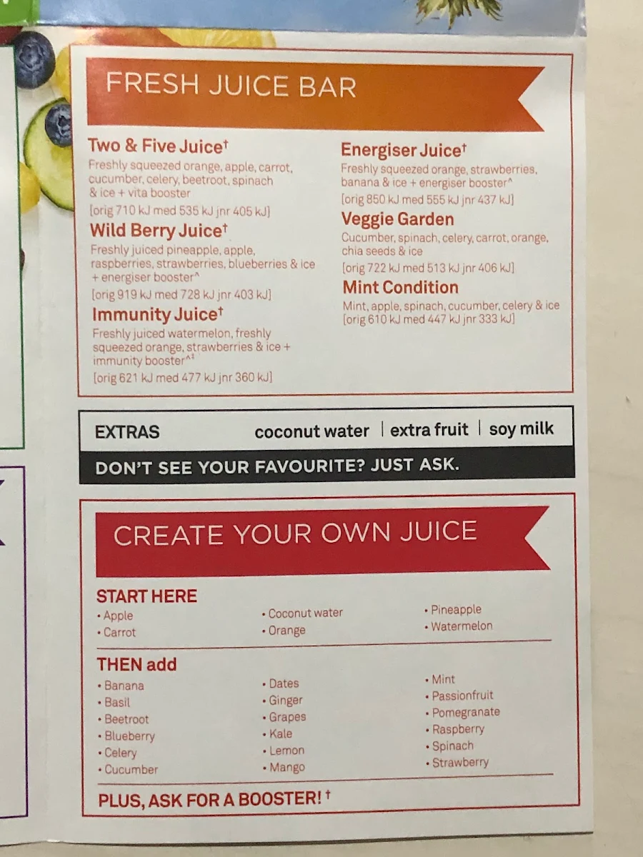 Menu, Boost Juice Cockburn Gateway