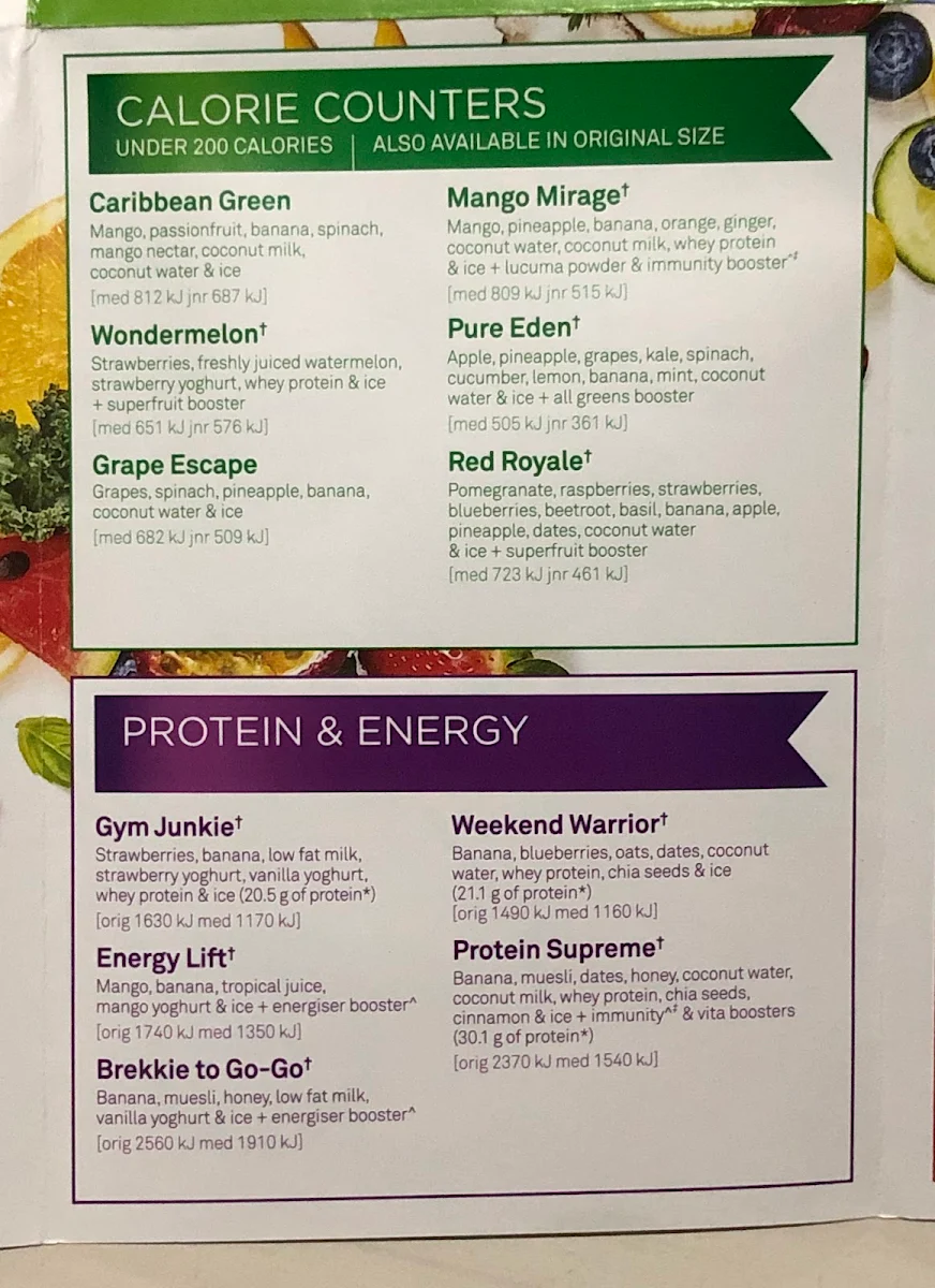 Menu, Boost Juice Cockburn Gateway