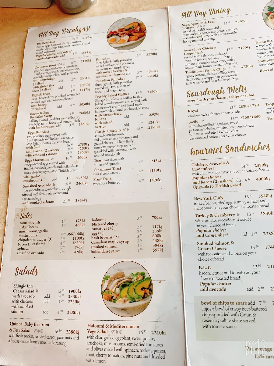 Menu, Shingle Inn Joondalup