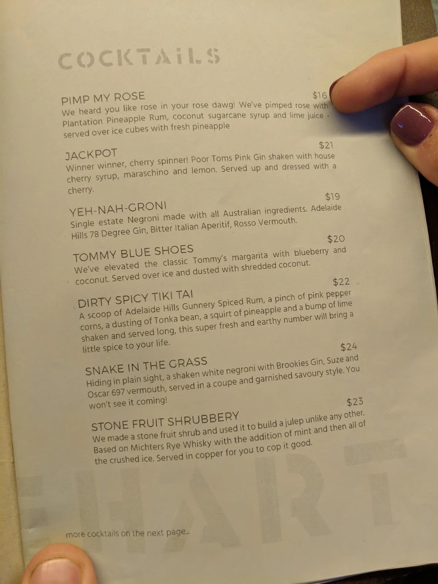 Menu, Whitehart Bar