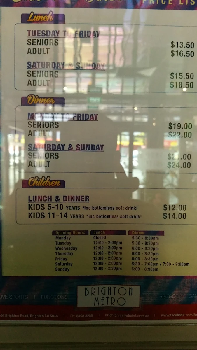 Menu, Brighton Metro Hotel