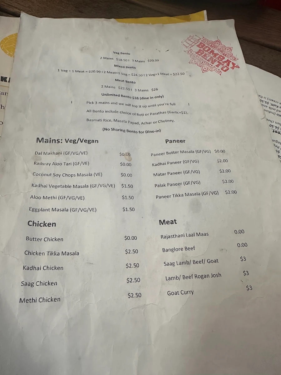 Menu, BOMBAY BENTO