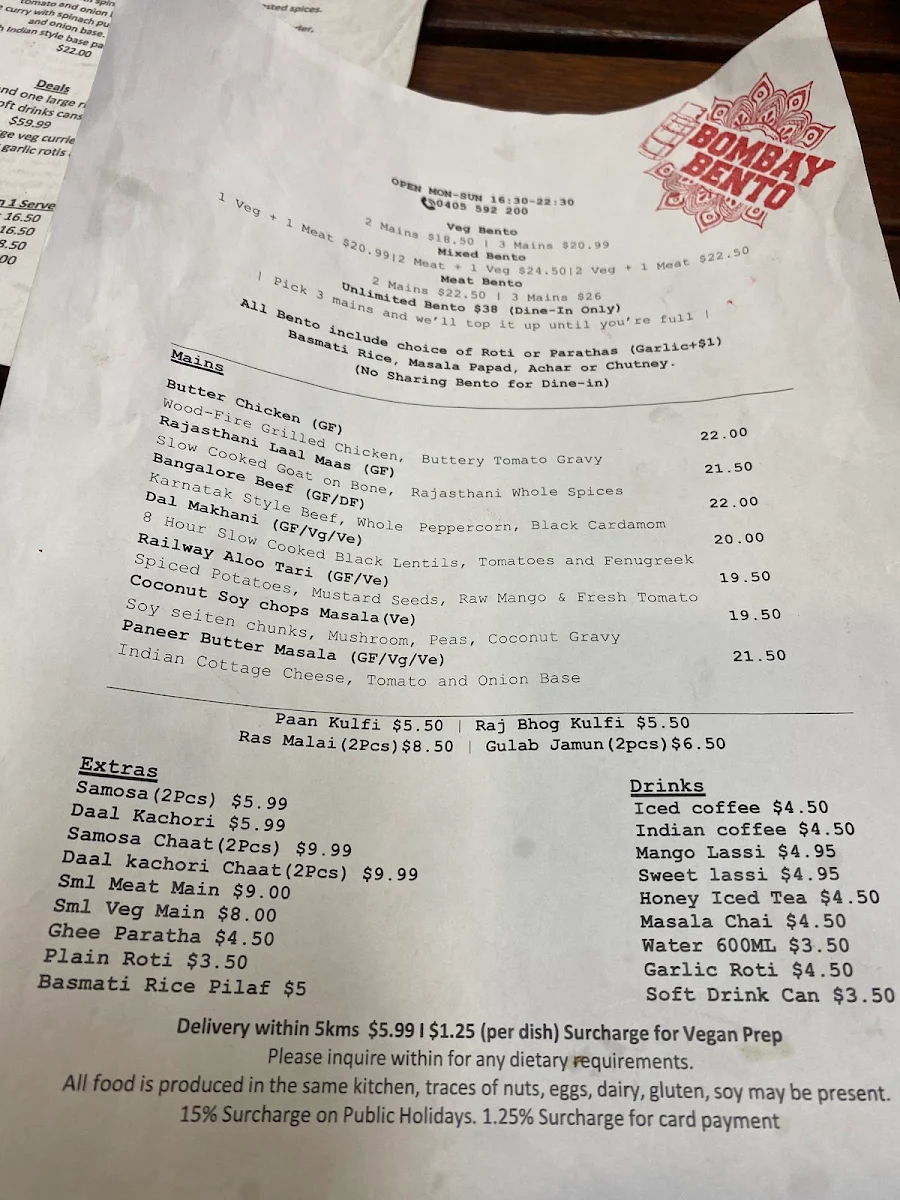 Menu, BOMBAY BENTO