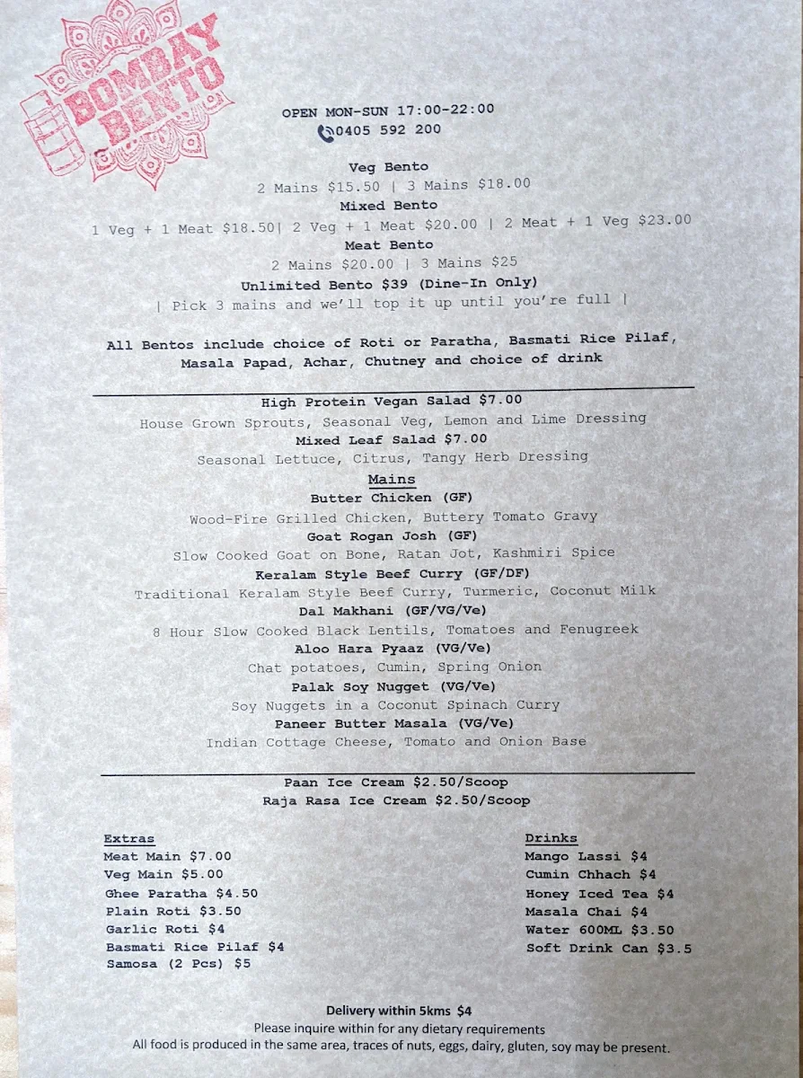 Menu, BOMBAY BENTO