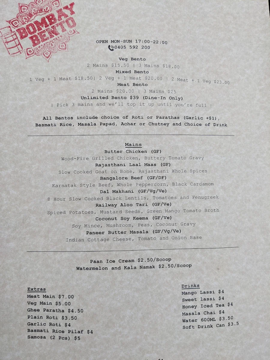 Menu, BOMBAY BENTO