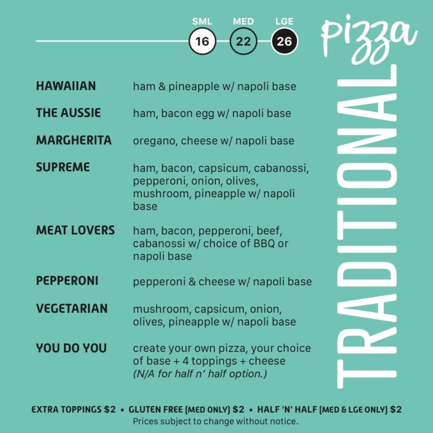 Menu, Mint Pizza, Pasta and Ribs