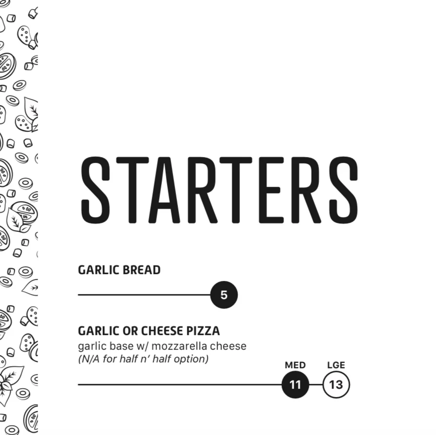 Menu, Mint Pizza, Pasta and Ribs
