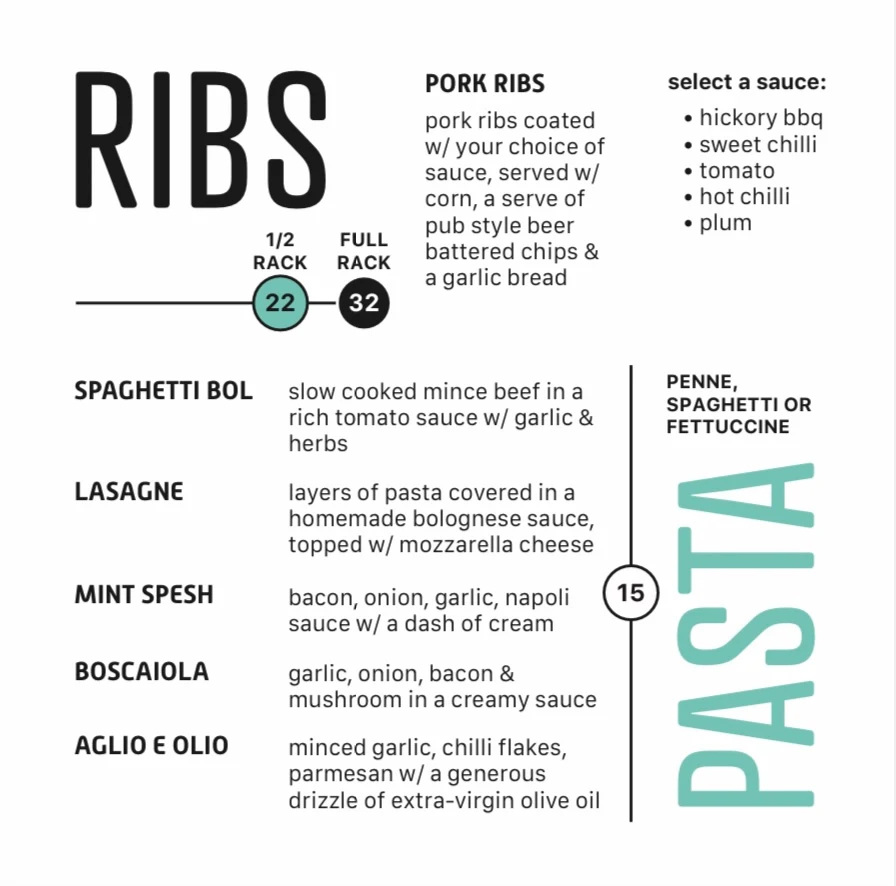 Menu, Mint Pizza, Pasta and Ribs
