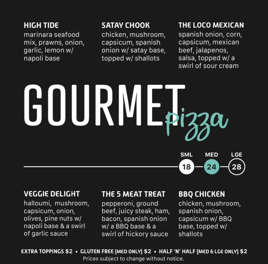 Menu, Mint Pizza, Pasta and Ribs