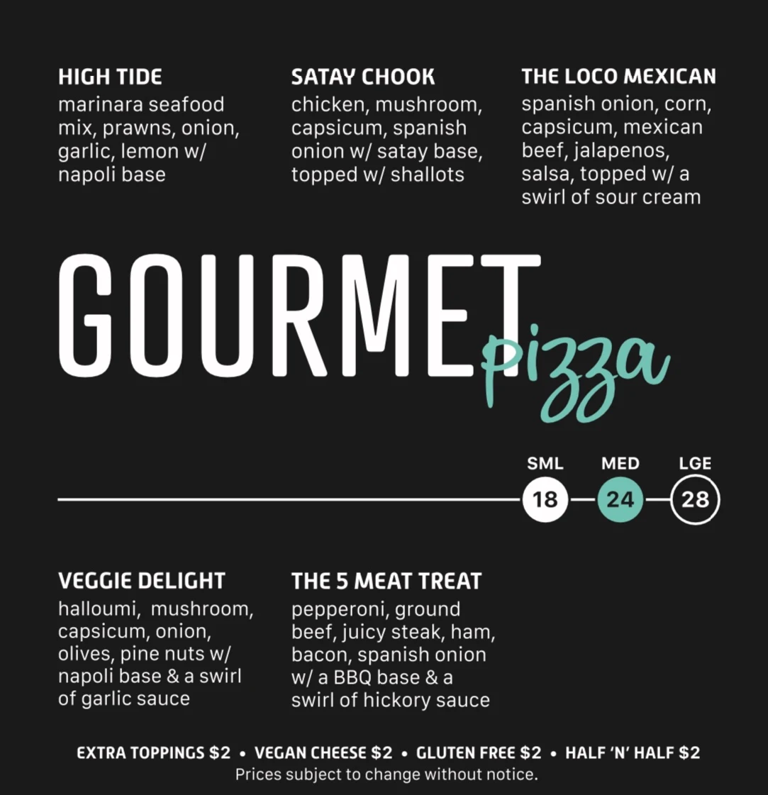 Menu, Mint Pizza, Pasta and Ribs