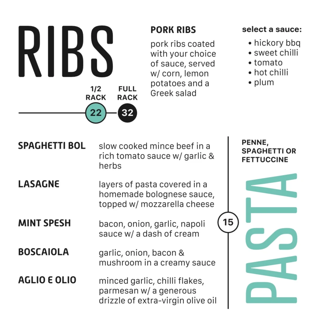 Menu, Mint Pizza, Pasta and Ribs