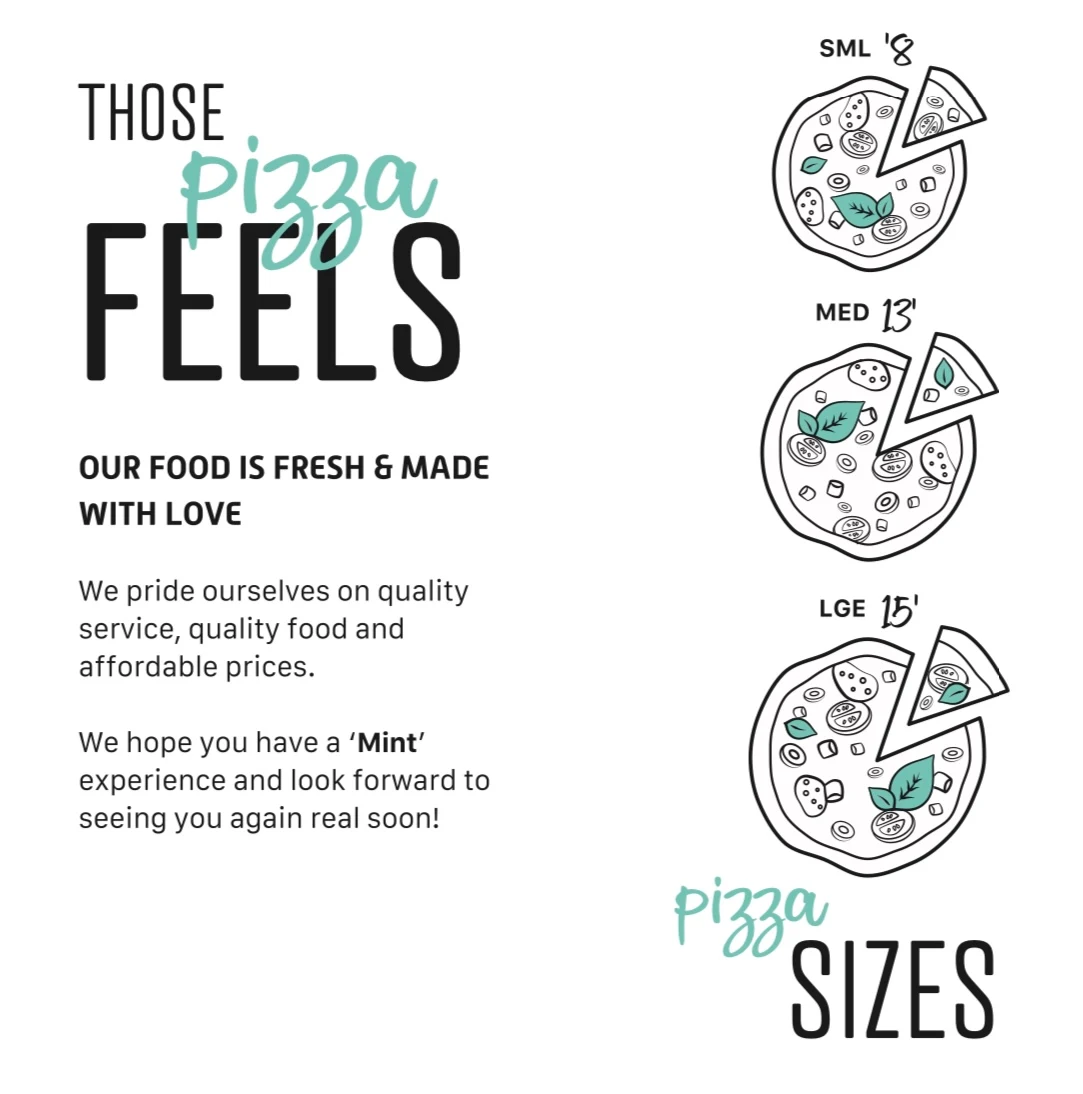 Menu, Mint Pizza, Pasta and Ribs