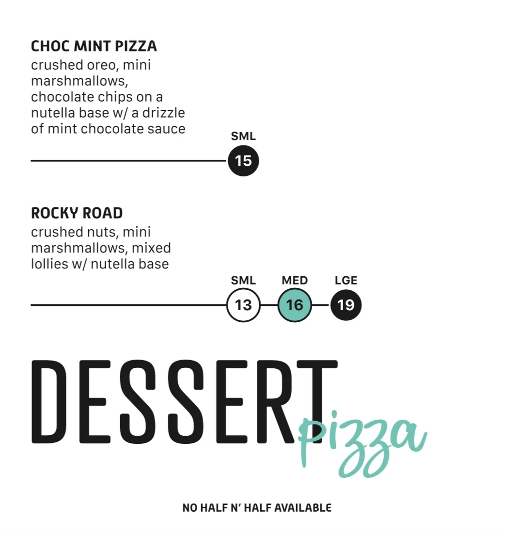 Menu, Mint Pizza, Pasta and Ribs