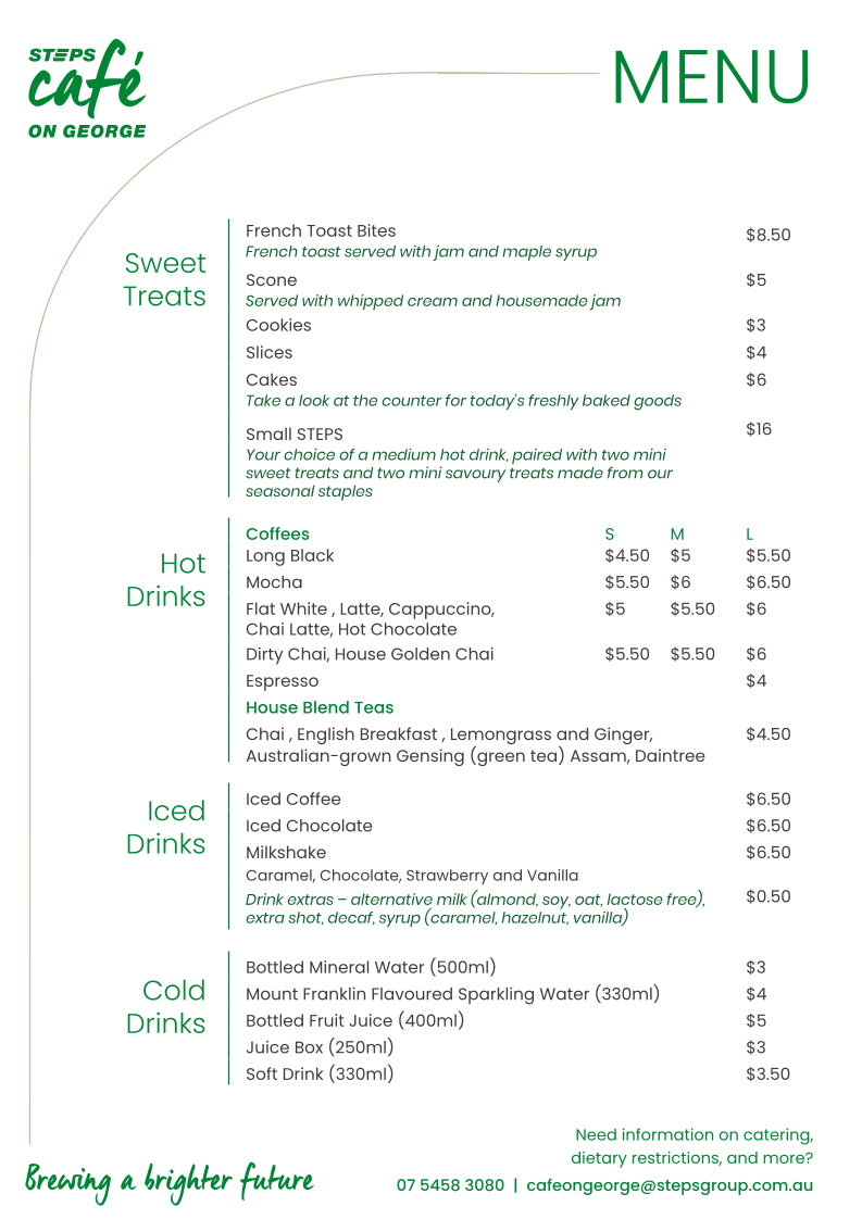 Menu, STEPS Cafe on George