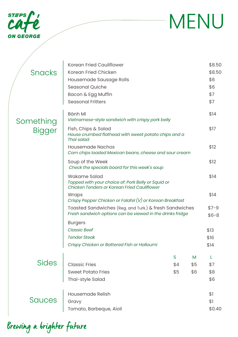 Menu, STEPS Cafe on George