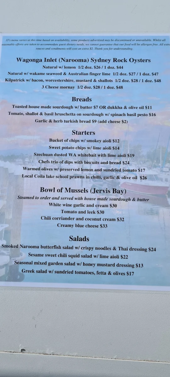 Menu, JJ's at The Marina