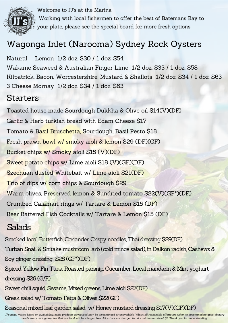 Menu, JJ's at The Marina