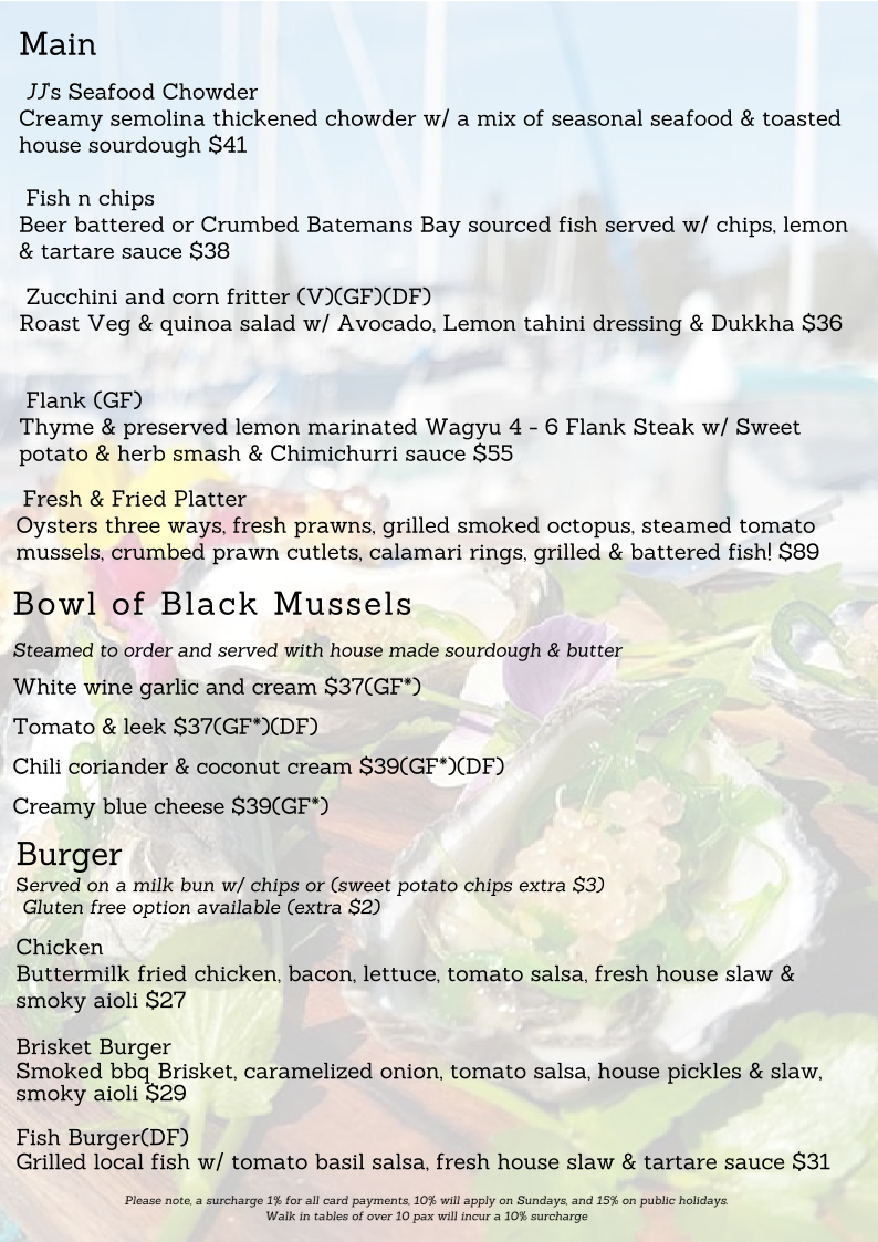 Menu, JJ's at The Marina