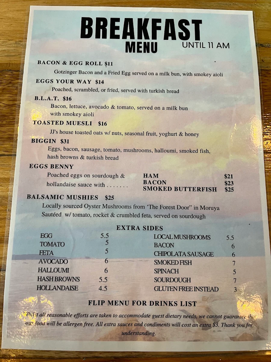 Menu, JJ's at The Marina
