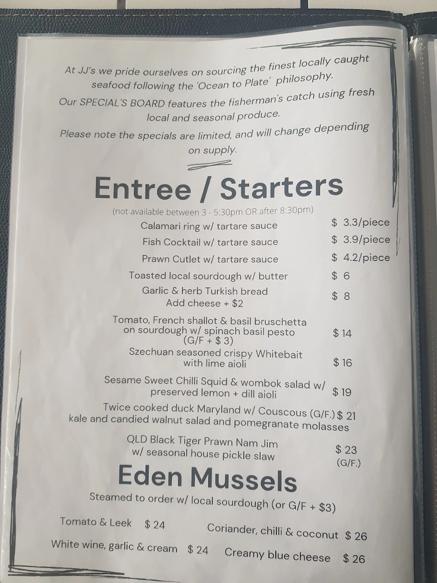 Menu, JJ's at The Marina